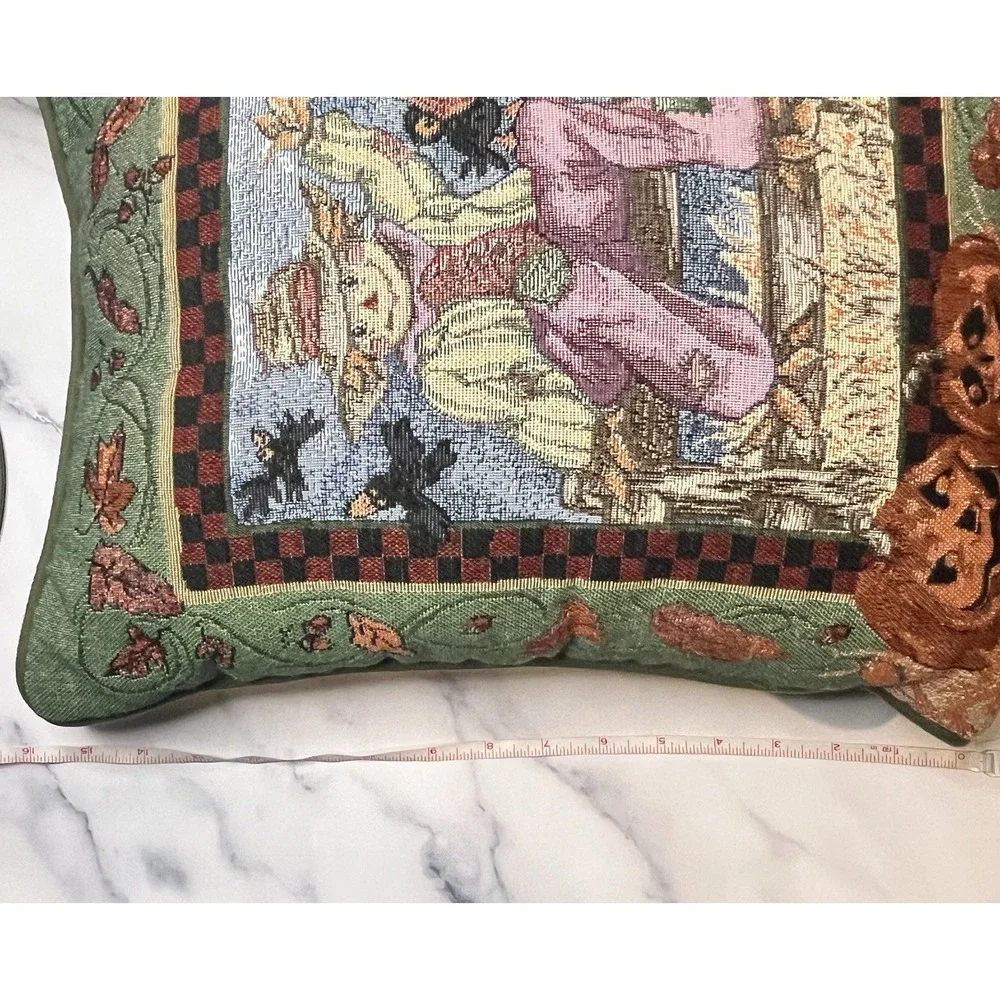 VTG Decorative Halloween Tapestry Throw Pillow Scarecrow Pumpkins Black Birds